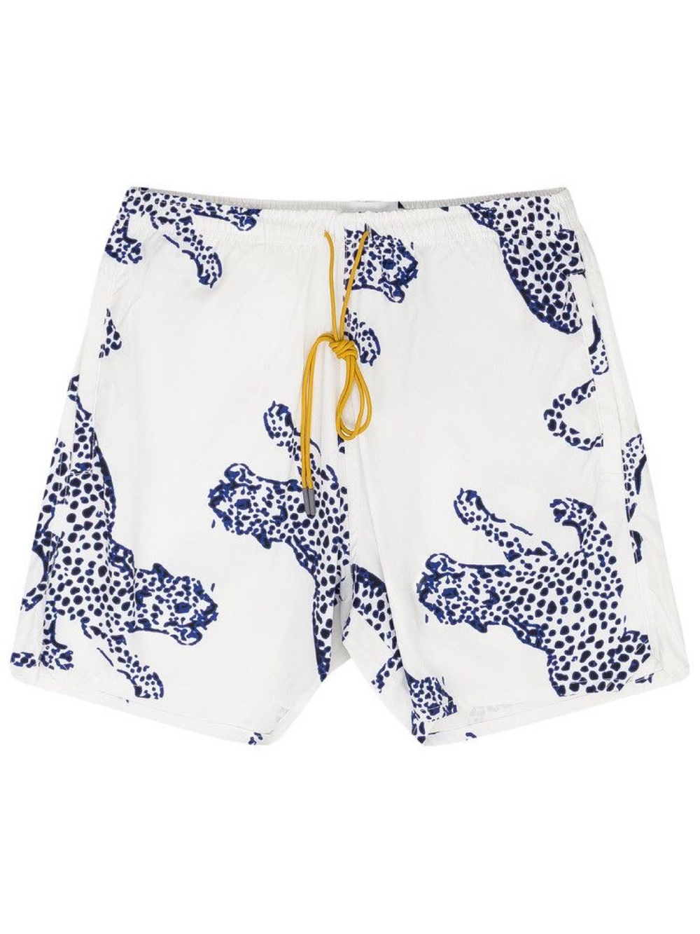 Rhude White/Blue Swim Shorts with Navy Leopard Motif and Yellow Drawstring NWT